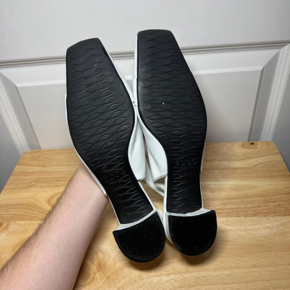 Ecco Womens White Leather Square Toe Slingback Block Heels Silver Buckle Size 40